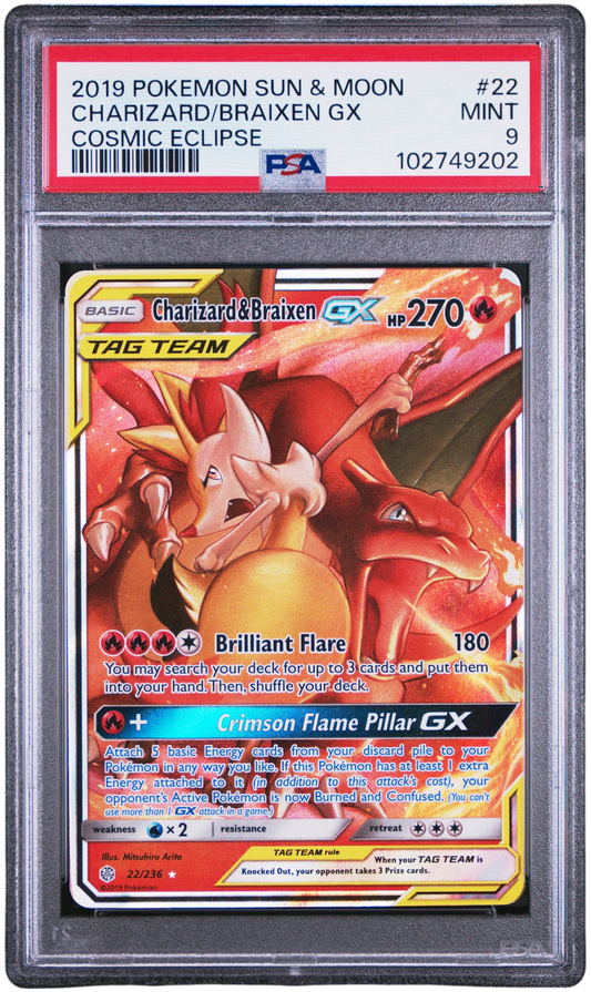 Charizard & Braixen GX Cosmic Eclipse #22 PSA 9